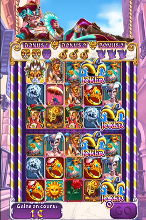 Interface de jeu Carnaval Folies illiko FDJ — grille de symboles et lancers