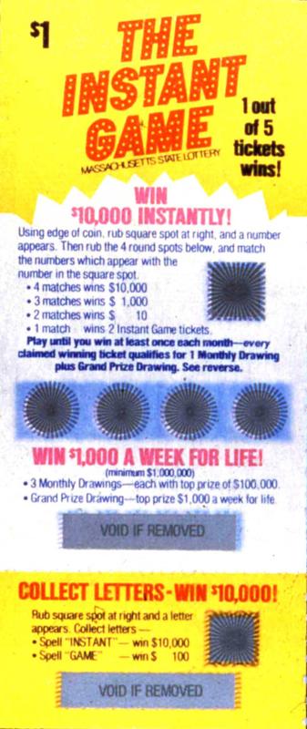 The Instant Game — premier ticket à gratter du monde, Massachusetts 1974